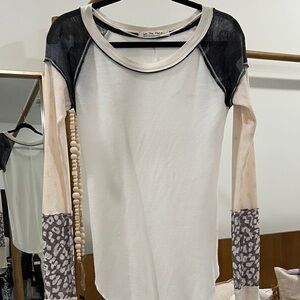 Free People Black and Cream Long Sleeve Top